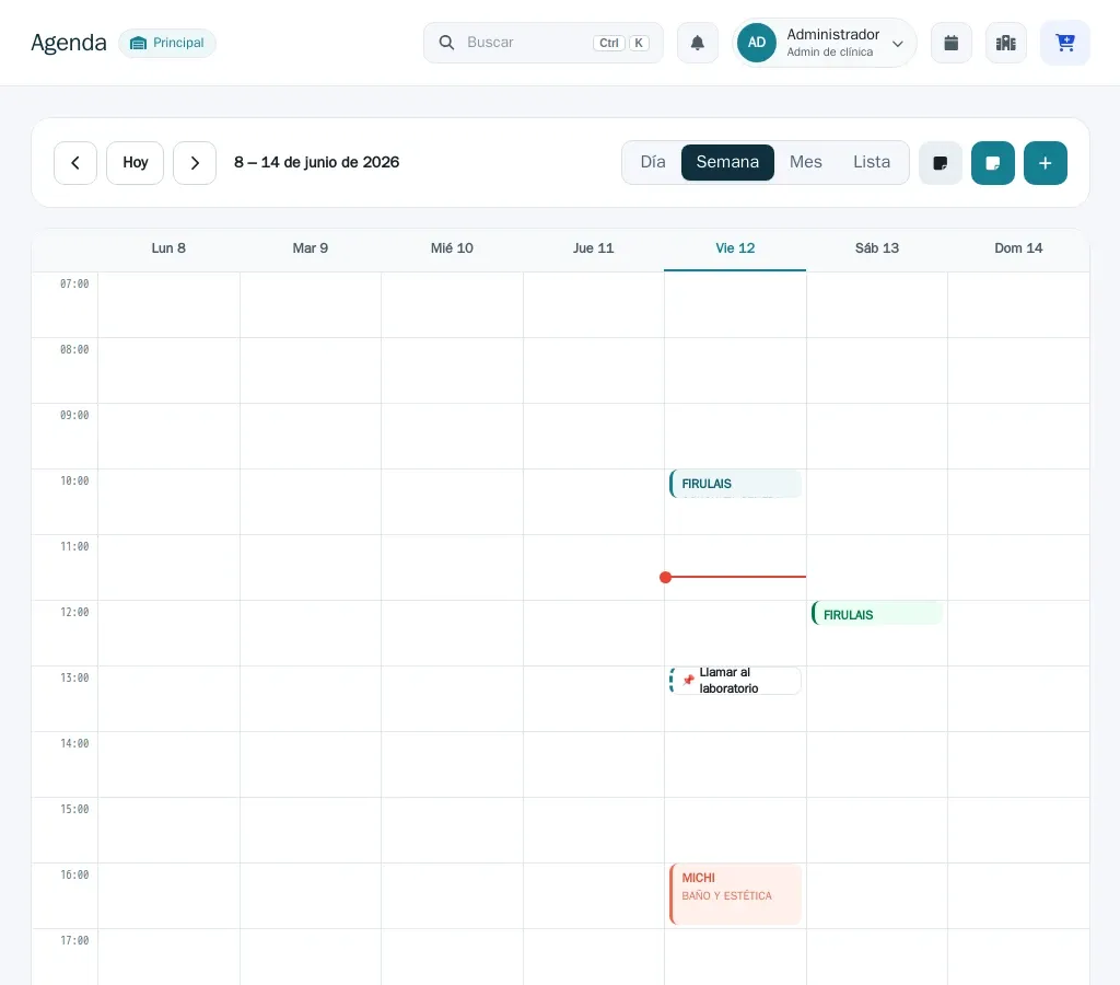 Vista de la agenda semanal de PixelVet OS