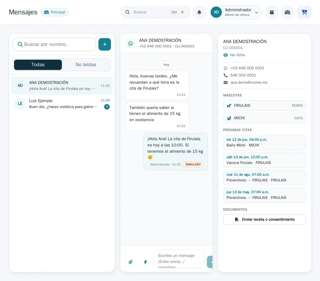 Bandeja de mensajes de WhatsApp integrada en PixelVet OS