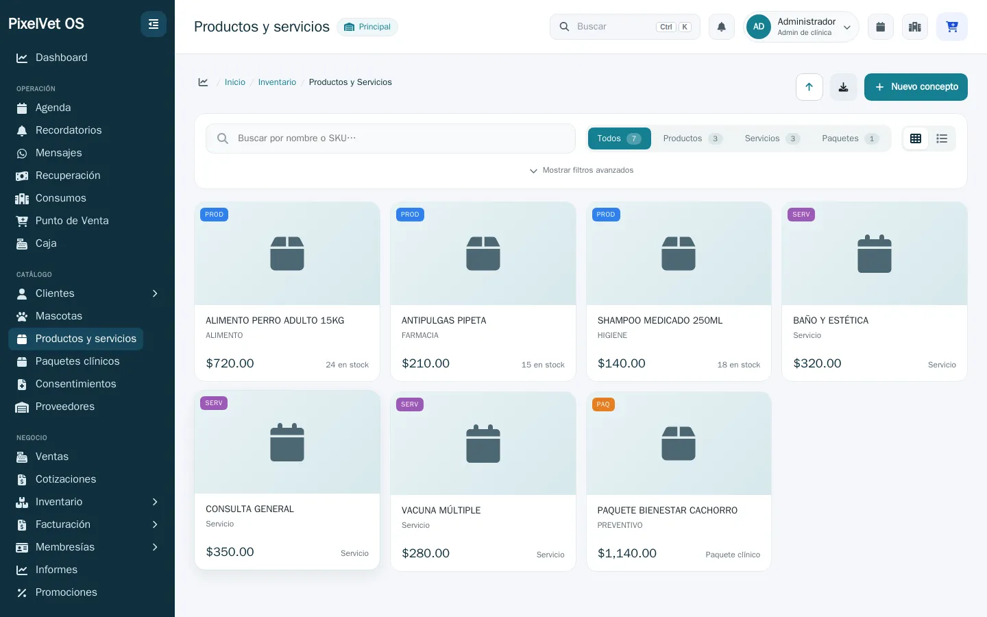 Inventario y almacén en PixelVet OS