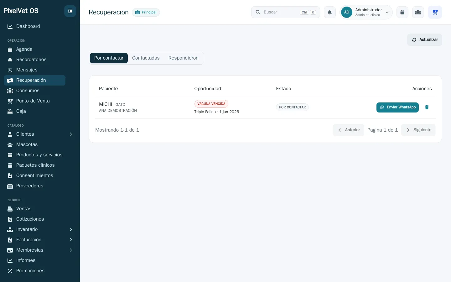 Bandeja de recuperación de ingresos de PixelVet OS con una oportunidad de vacuna vencida
